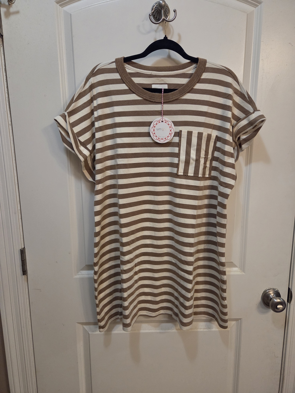 Brown & White Striped Dress with Pocket